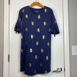 Lilly Pulitzer Preston Dress Gold Fish Foil Print Navy Blue 100% Pima Cotton‎ XS